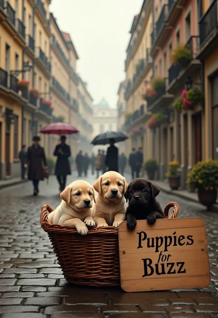 detailmaximizer,
Create a nostalgic outdoor scene set in a European city during the early morning of the 1950s, with a mild drizzle adding a gentle ambiance. In the foreground, place a large wicker basket overflowing with cute Labrador puppies of various colors—golden, chocolate, and black—all looking playful and endearing. Beside the basket, propped up against it, is a rustic wooden board with the words 'Puppies for Buzz' handwritten in elegant, vintage-style lettering.
The setting is a cobblestone street lined with classic European architecture from the 1950s: buildings with ornate facades, wrought-iron balconies, and flower boxes under the windows. The street is wet from the drizzle, creating subtle reflections of the buildings and soft early morning light. A few pedestrians in period-appropriate clothing and holding umbrellas walk in the background, adding life to the scene without drawing focus away from the puppies. The sky is overcast, but the gentle light diffuses softly across the scene.
The overall atmosphere should evoke a sense of warmth and nostalgia, capturing the charm of a European city in the 1950s and the heartwarming sight of the adorable puppies waiting in their basket.