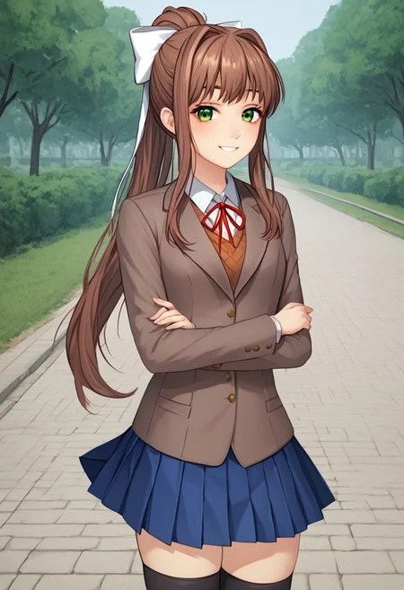 score_4,score_5,score_6,score_7_up,score_8_up,score_9
((masterpiece,best quality,ultra detailed,highres,HD,4k:1.2)),
1 cute girl,solo,
ddlcmonika, blunt bangs, brown hair, green eyes, long hair, ponytail, ribbon, white ribbon, hair ribbon, sidelocks,
black thighhighs, blue skirt, brown jacket, jacket, long sleeves, mary janes, over-kneehighs, pleated skirt, school uniform, shoes, skirt, thighhighs, zettai ryouiki,
smile,