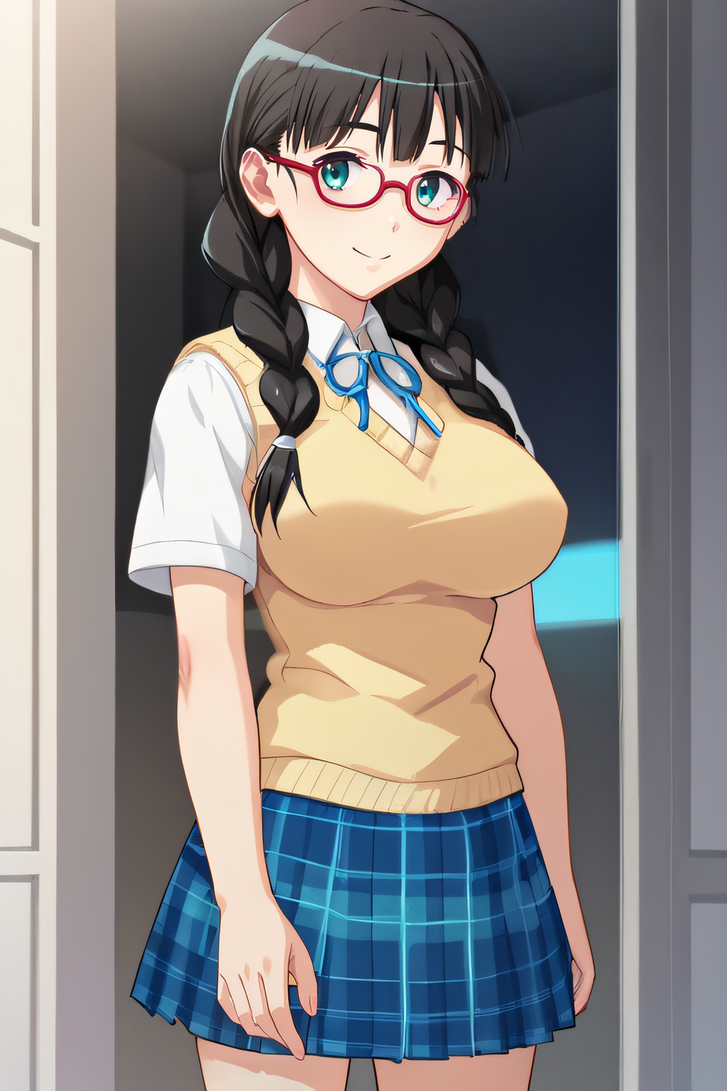 score_9, score_8_up, score_7_up, source_anime, rating_safe, intricate details, anime screencap, official style, 1girl, solo, <lora:PONY_Megumi_v2:1>, megumi, black hair, aqua eyes, glasses, red-framed eyewear, large breasts, white shirt, short sleeves, yellow sweater vest, blue skirt, plaid skirt, thighs, looking at viewer, smile, indoor, cowboy shot