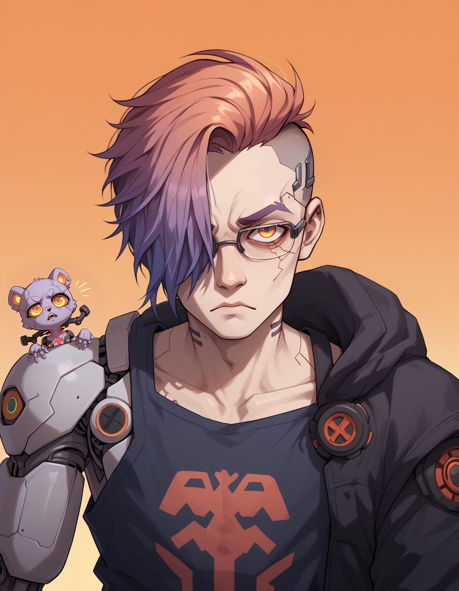 score_9, score_8_up, score_7_up 1boy, cyborg, computer glasses over one eye, glass eye with cross hair, cyberpunk, shaved side of head, purple orange gradient background, mischievous evil expression, companion creature on shoulder , mechanical parts with fur, gradient hair <lora:detail:1>