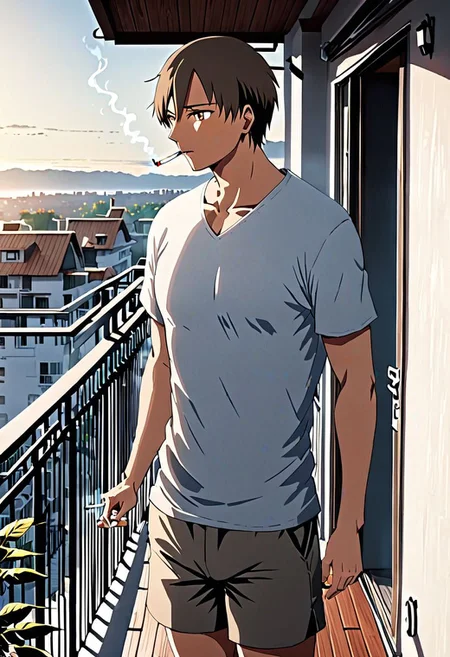 high resolution, solo, best quality, 1Boy, Takaki Toono, Brownish Hair, Brown Eyes, home balcony, morning, cigarette, coffee, t-shirt, shorts, looking away, OverallDetail