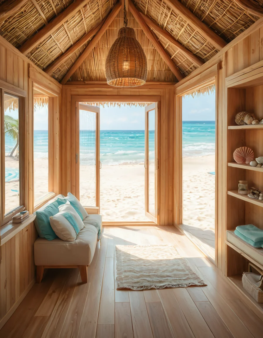 rating_safe,looking at viewer,focus on woman face,A woman wearing a sleek and modern diving swimsuit with dress, primarily designed in a combination of navy blue and turquoise tones with subtle black accents, is standing gracefully inside a cozy and charming beach hut,c0zy b34ch hut; the hut, made of light-colored wooden planks with a weathered, rustic finish, is warmly lit by natural sunlight streaming through its open windows and doorway, creating a relaxed and serene atmosphere. The woman, who appears confident and at ease, has slightly wet, wavy chestnut-brown hair that falls softly to her shoulders, subtly catching the light; her posture is upright yet casual, with one hand resting gently on the edge of the wooden frame of the hutâs doorway, while her other hand is placed lightly on her hip. The interior of the beach hut is adorned with small, homey details such as a straw mat on the wooden floor, a few neatly folded towels in pastel shades stacked in the corner, and a hanging seashell wind chime swaying gently in the breeze; through the open doorway, thereâs a faint glimpse of the golden sand and turquoise ocean waves in the background, adding to the tranquil coastal ambiance of the scene.<lora:SDXLFaeTastic2400:0.4> <lora:extremely_detailed:0.4> extremely detailed, <lora:c0zy_b34ch_hut:1>, Masterpiece,best quality,hi res,8k,hi res,8k,award winning,(sharp focus, intricate, highly detailed),