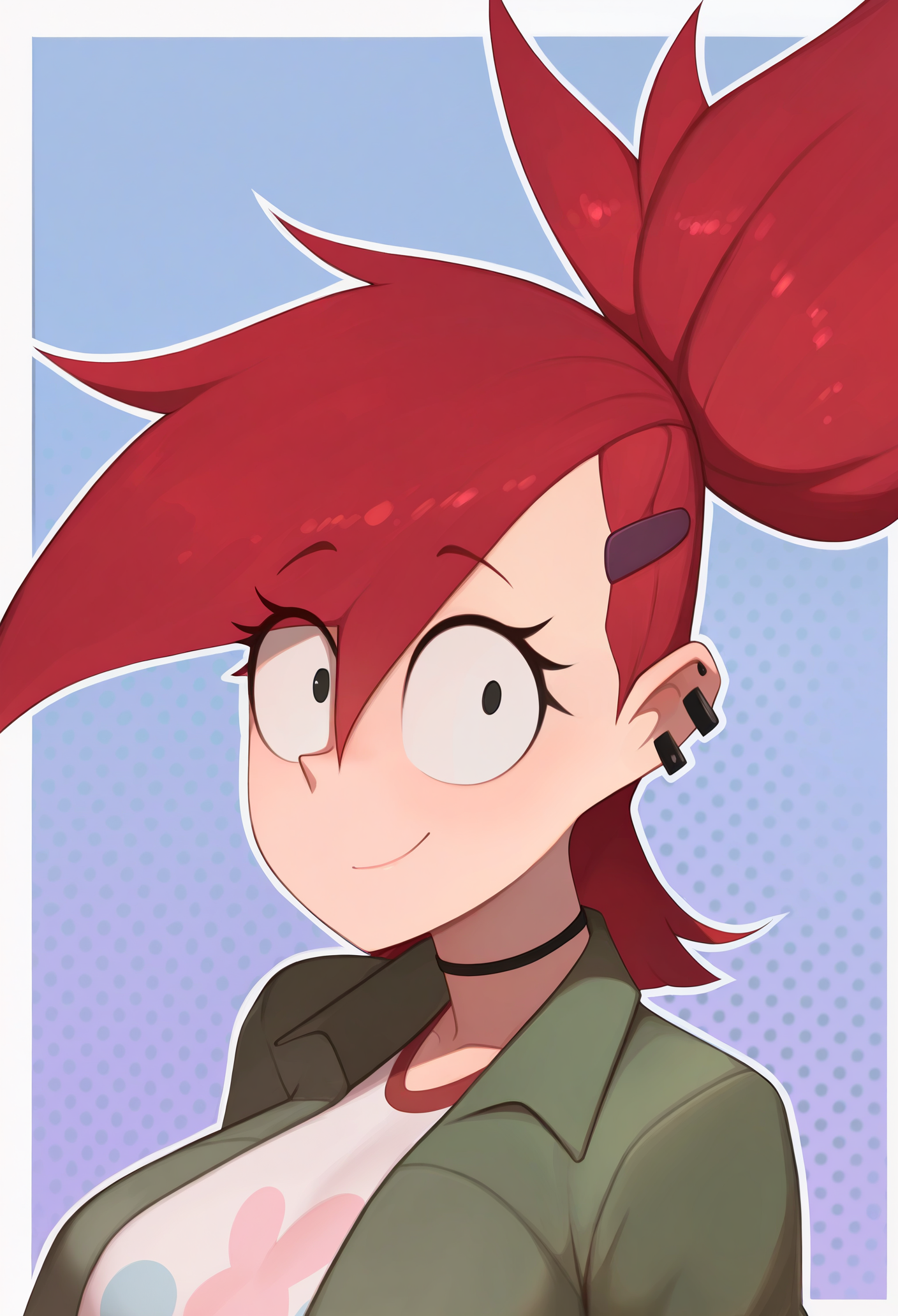 1girl, solo, looking at viewer, smile, border, outline, blue background, polka dot background, 
masterpiece, best quality, <lora:frankiefoster-guy90-Illust-LoraV101:1>, retarf, red hair, hair ornament, black eyes, hairclip, ear piercing, earrings, black choker, ponytail, white shirt, green jacket, open clothes, portrait, <lora:barleyshake-guy90-Illust-Lycorisv108:1> ekarab