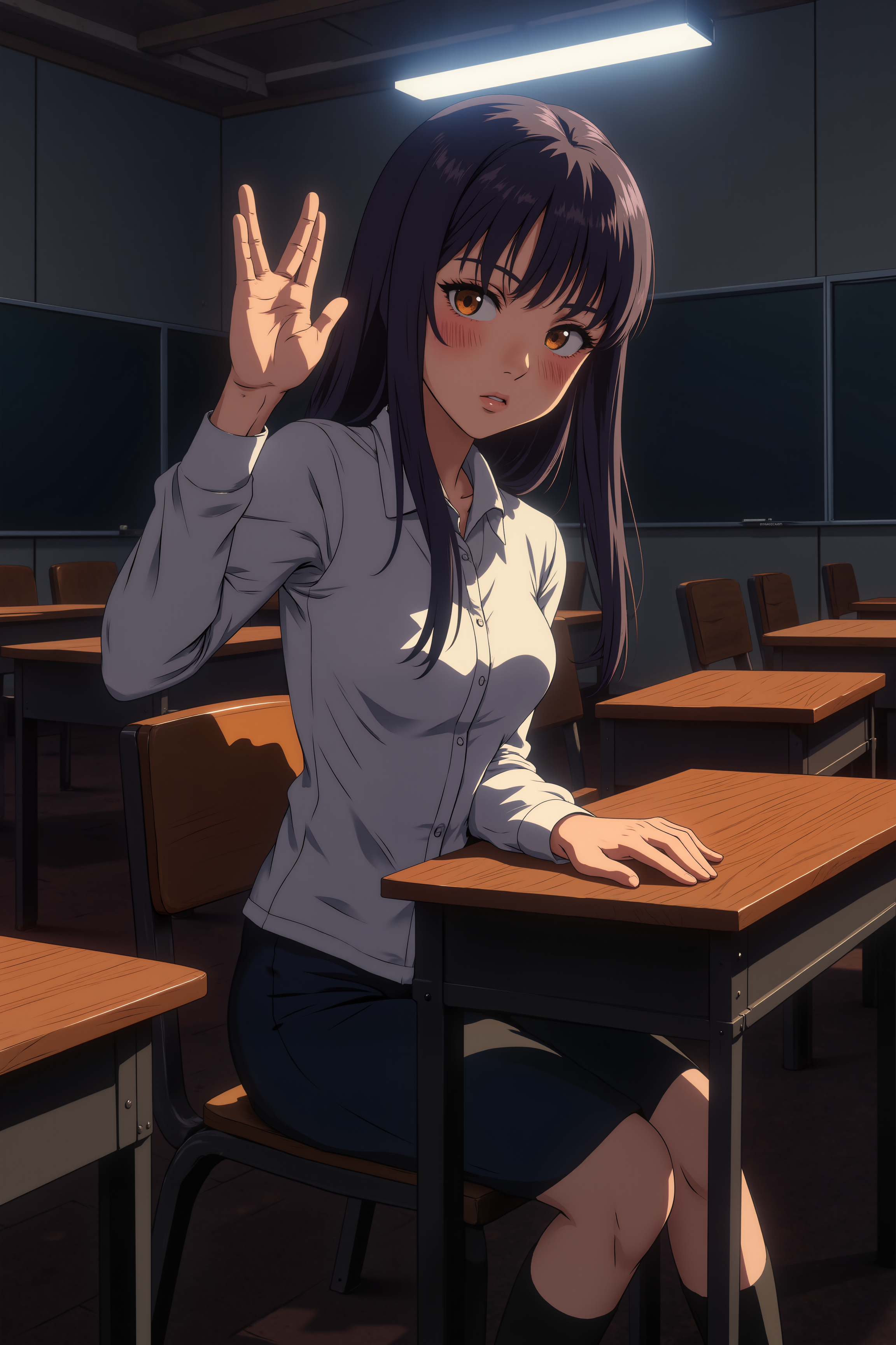 Anime schoolgirl is sitting in an empty classroom. She is giving a v-shaped vulcan salute hand gesture with fingers parted between the middle and ring finger and with extended thumb.Fantastic lighting. Detailed shadows.intricate details, vivid colors, hyper-detailed, ultra-sharp<lora:VULCANSALUTE_FLUX:1.3><lora:RetroAnimeFluxV1:0.3><lora:NeonFantasyFLUX:0.3>