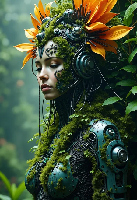 A cyber-enhanced woman with one side of her face covered in moss and microchips, standing in front of a giant, glowing mechanical flower. Her arm is covered in bio-cybernetic implants with roots growing out of them, connecting her to the plants around her. Her expression is calm, embodying the symbiosis of nature and machine. bo-naturepunk, naturecyberpunk, greenpunk<lora:FLUX Naturepunk\bo-naturepunk-000012.safetensors:1.0:1.0>