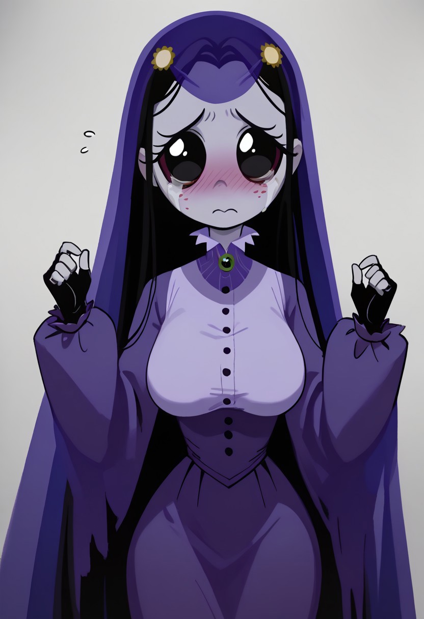 score_9, score_8_up, score_7_up BREA, MiseryRG, 1girl, black hair, black eyes, pale purple skin, tears trail, purple veil, yellow sunflower-shaped hairclips, white-collared purple buttoned dress, long purple sleeves, green spider neck cameo, fingerless black gloves, busty, curvy, big breasts, big hips, tiny waist, embarrassed, blushing, looking at viewer,