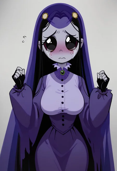 score_9, score_8_up, score_7_up BREA, MiseryRG, 1girl, black hair, black eyes, pale purple skin, tears trail, purple veil, yellow sunflower-shaped hairclips, white-collared purple buttoned dress, long purple sleeves, green spider neck cameo, fingerless black gloves, busty, curvy, big breasts, big hips, tiny waist, embarrassed, blushing, looking at viewer,