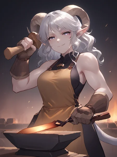 1girl, solo, source_furry, score_7_up, rating_safe, source_anime, anime face, <lora:whisker_markings:0.8>red whisker_markings, silver long wavy hair, short pointy ears, purple eyes, <lora:age_slider_v4:0.6>
<lora:Test_Diana:0.8> tiefling_bard_diana, open eyes,
<lora:Smooth Style 2 SDXL_LoRA_Pony Diffusion V6 XL:0.3> smile, <lora:INKxXmo shaded face:0.4> Shaded FaceINKxXmo Dark Theme, cowboy shot, <lora:Assume_the_position:0.8>
sleeveless, shirt:1.2,body steam, fighting stance, muscular female:0.1,
(((blacksmith_tongs,tongs, holding tongs))), from below,gauntlets, apron, hammer, holding hammer, anvil <lora:anvil:1>
