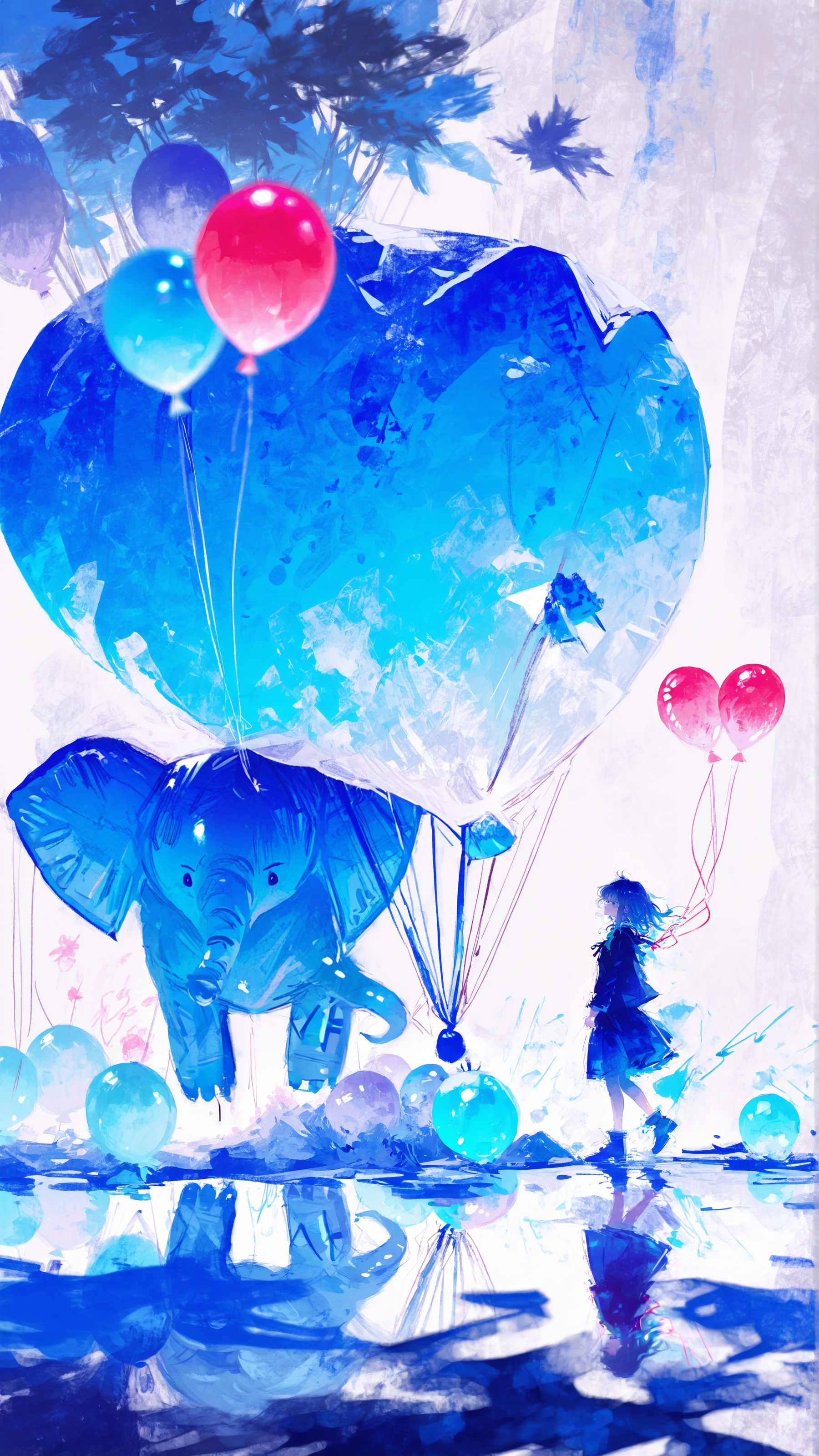 masterpiece, newest,absurdres,incredibly absurdres, best quality, amazing quality, very aesthetic, surreal, blue theme,
1woman, balloon,pink balloon, elephant balloon, blurry foreground, 
 <lora:fuyumur4s4ki_style:1> fuyumur4s4ki_illu  <lora:KonYa666:0.7> kony4666