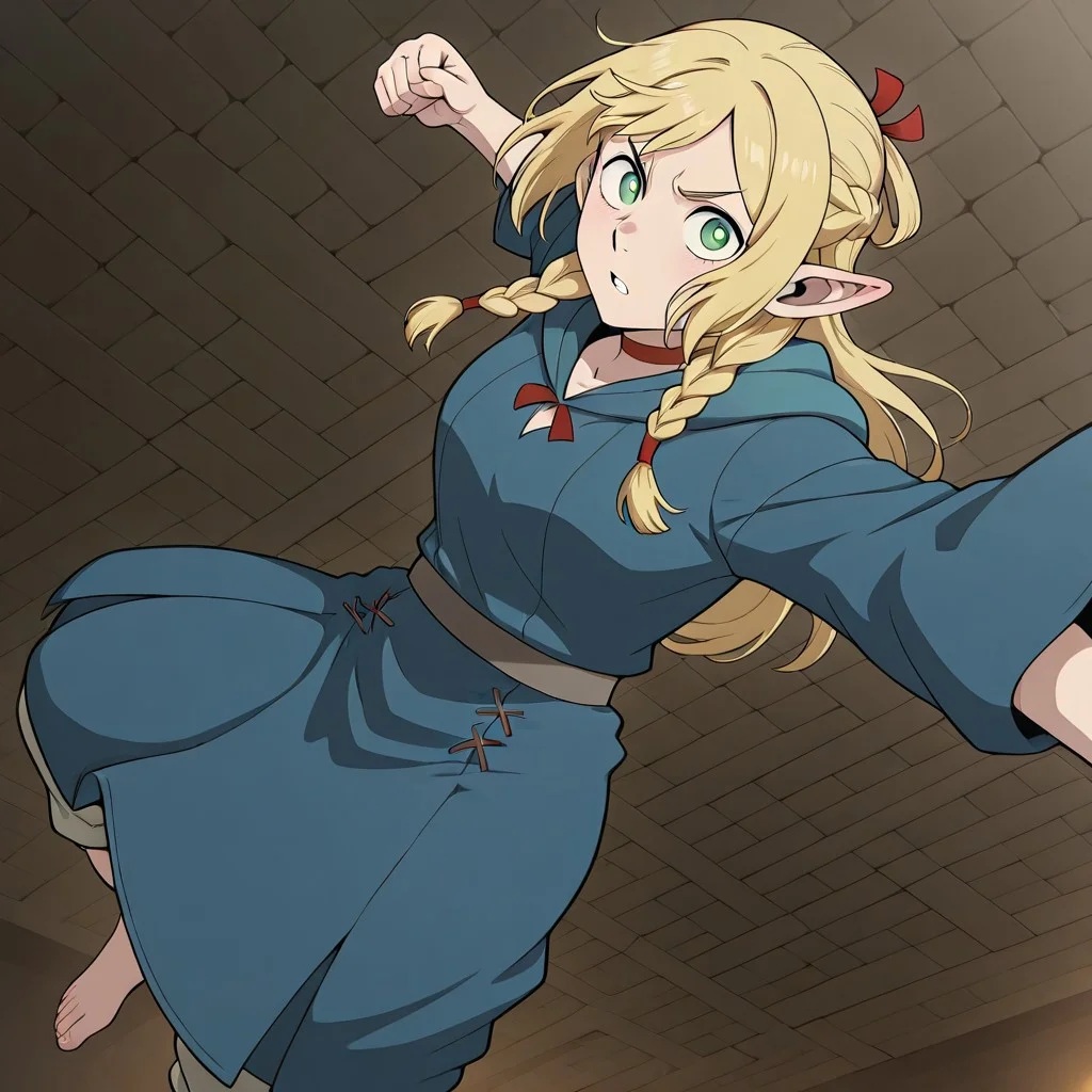 masterpiece, best quality, newest, absurdres, highres,
anime, anime style, MPPV1.0, incoming attack, incoming punch, midair,
1girl, marcille_donato \(dungeon_meshi\), elf, pointy ears, green eyes, blonde,