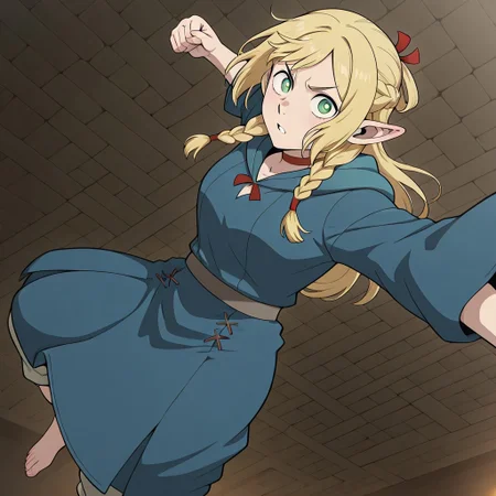 masterpiece, best quality, newest, absurdres, highres,
anime, anime style, MPPV1.0, incoming attack, incoming punch, midair,
1girl, marcille_donato \(dungeon_meshi\), elf, pointy ears, green eyes, blonde,