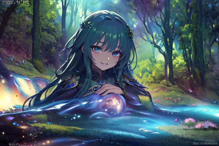 (masterpiece:1.4), 4K8K, (anime style), (high shutterspeed:1.4), (sharp edges), 
SyFyEye1, FanFo, 
1woman  hands togather,  leaning foward, face focus, smile, closed mouth, 
wearing Celtic style dress, (Detailed face, Detailed eyes, Detailed lips), (solo), 
Fantastic Forest at fantasy night, Fantastic Planets