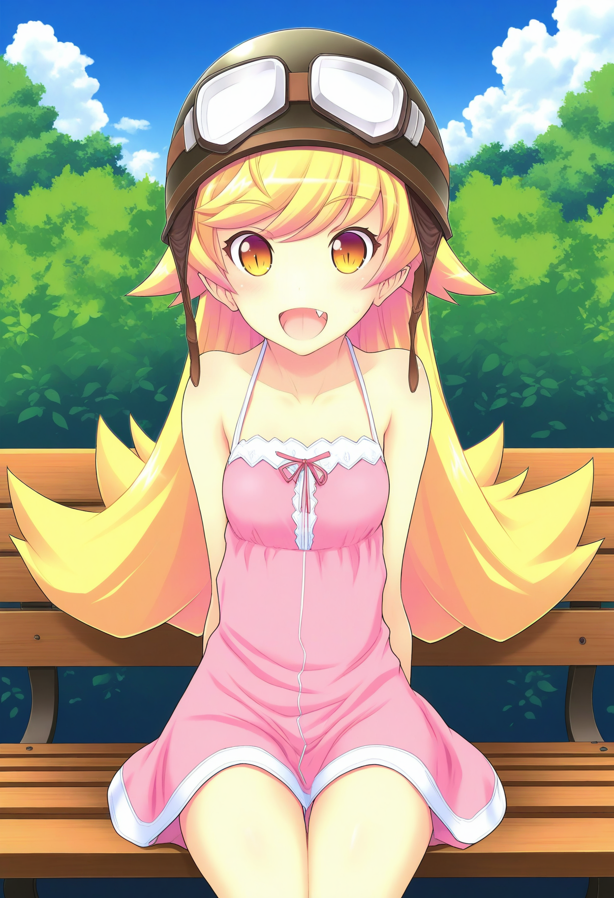 1girl, solo, looking at viewer, park bench, outdoors, sitting, smile, cowboy shot, open mouth, long blonde hair, pink dress, bare shoulders, yellow eyes, fang, black helmet, goggles on helmet,
BREAK outdoors, park bench, sky, day, cloud, <lora:shinobu_hagiyama_sakage_IL:1>shinobu_hagiyama_sakage