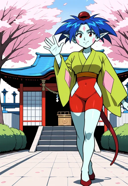 ponko, 1girl, solo, breasts, short hair, long sleeves, blue hair, green japanese clothes, pointy ears, wide sleeves, colored skin, clothing cutout, tail, facial mark, red footwear, red headwear, red eyes, 1990s, retro artstyle
BREAK
Standing, waving, smile
BREAK
outside, shrine, cherry blossoms
BREAK
masterpiece,best quality,absurdres,very aesthetic,perspective, <lora:ponko_IL_Lora_v1:1> <lora:StS_Age_Slider_Illustrious_v1:3>