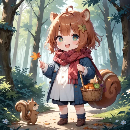 score_9, score_8_up, score_7_up, source_anime, 1girl,(ultra HD quality details), anime, slightly chibi, squirrel girl, huge scarf, collecting acorns, picking up acorns, sparkling eyes, excited, basket with acorns on the ground, (detailed image, high resolution, 5k resolution:1.0), Expressiveh, warm lighting, forest, autumn