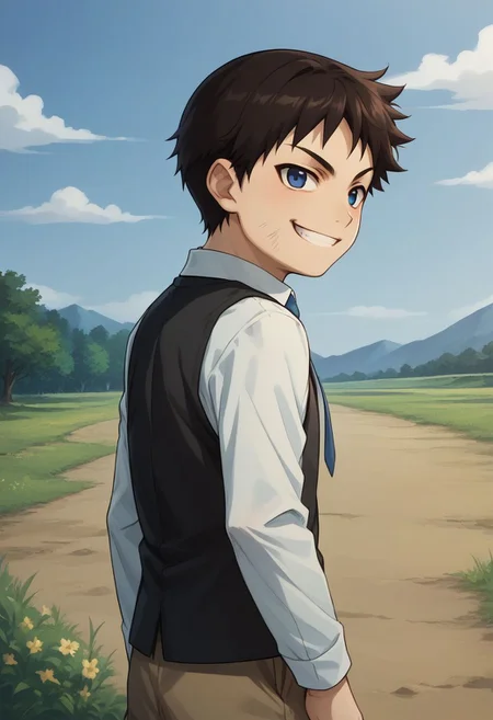 score_9, score_8_up, source_anime, highly detailed, selim, 1boy, solo, cute,
selim, 1boy, male focus, blue eyes, solo, shorts, necktie, male child, black hair, vest, blue necktie, brown hair, child, upper body,
outdoor, from back, looking back, grin, evil smile,