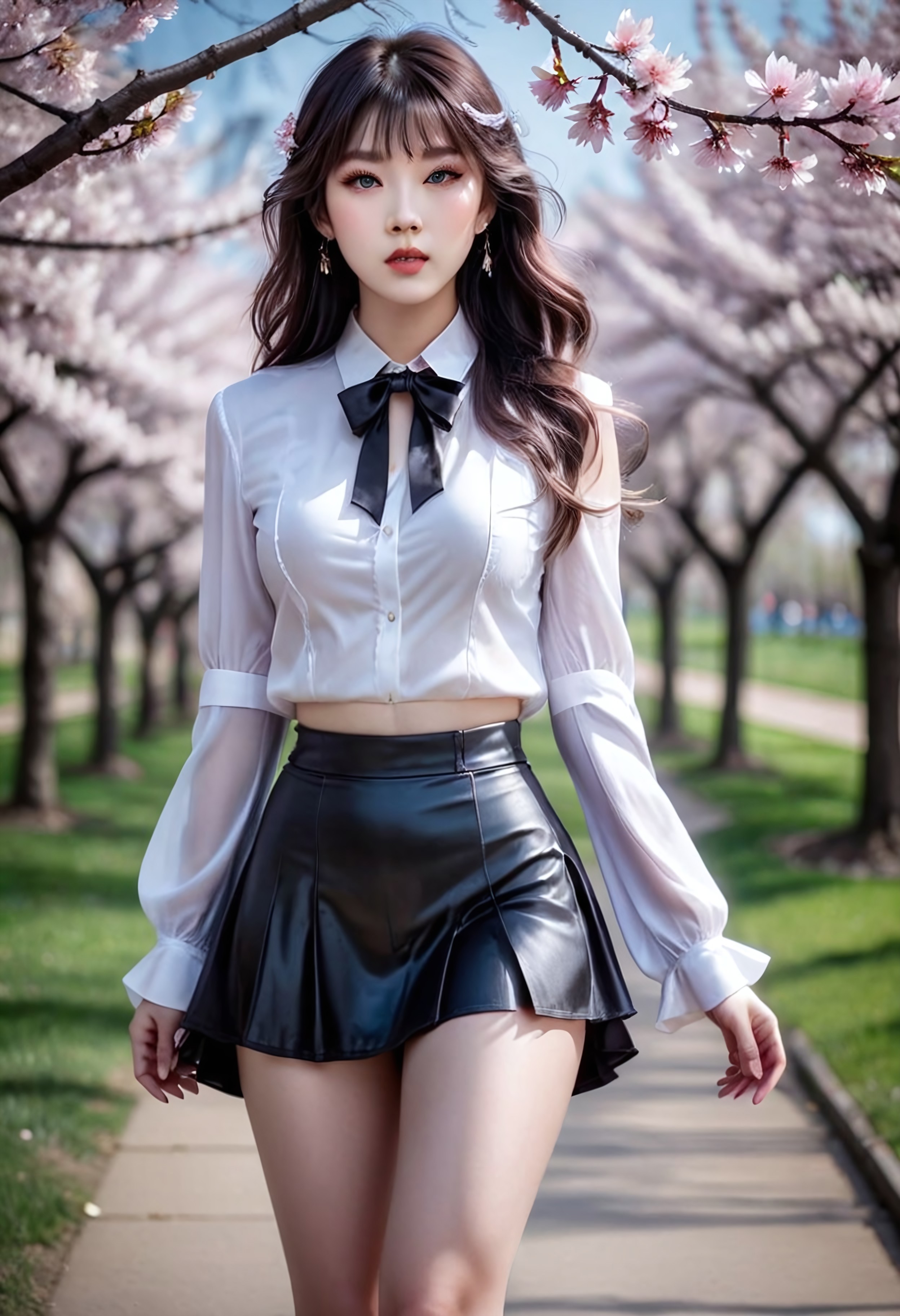safe_pos, safe_pos, Dou Ban Jiang a 20-year-old girl make a dynamic poses. She is dressed in a black skirt, adorned with a pink floral blouse, and black high heels. Her long hair with bangs cascades over her shoulders, framing her entire body. Her eyes are adorned with blue eyes, her make up is beautiful with glossy lips. Her left hand is draped over her right shoulder, adding depth to the composition. She walked confidently along the city park. Cherry blossoms were blooming along the path. The strong wind blew through her hair. Looking at viewer, blush, bangs, blue eyes, black mini skirt, white long sleeves shirt, bow, closed mouth, cleavage, standing, full body, black pantyhose, black high heels, head tilt, black blazer, black pantyhose, loafers, dynamic poses, dynamic gestures, Tattoo , donghua clothes