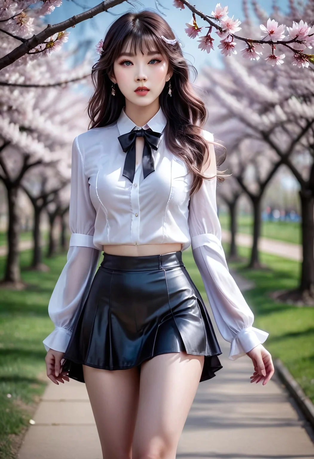 safe_pos, safe_pos, Dou Ban Jiang a 20-year-old girl make a dynamic poses. She is dressed in a black skirt, adorned with a pink floral blouse, and black high heels. Her long hair with bangs cascades over her shoulders, framing her entire body. Her eyes are adorned with blue eyes, her make up is beautiful with glossy lips. Her left hand is draped over her right shoulder, adding depth to the composition. She walked confidently along the city park. Cherry blossoms were blooming along the path. The strong wind blew through her hair. Looking at viewer, blush, bangs, blue eyes, black mini skirt, white long sleeves shirt, bow, closed mouth, cleavage, standing, full body, black pantyhose, black high heels, head tilt, black blazer, black pantyhose, loafers, dynamic poses, dynamic gestures, Tattoo , donghua clothes