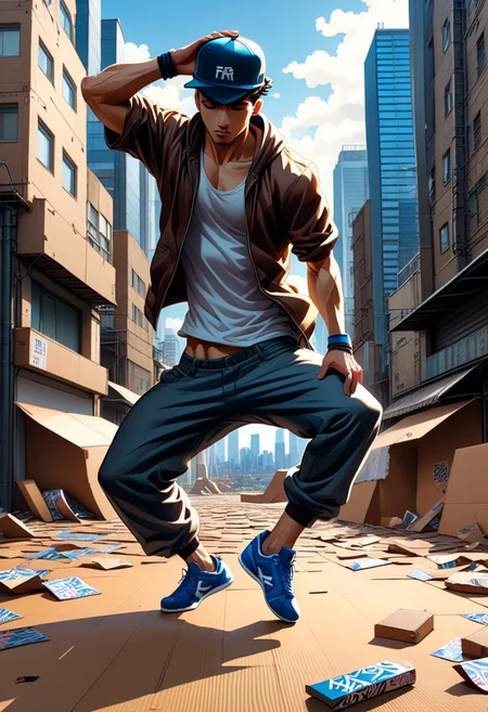 FFAOR, 1man, a man break dancing, cardboard on the ground, city background, anime realism