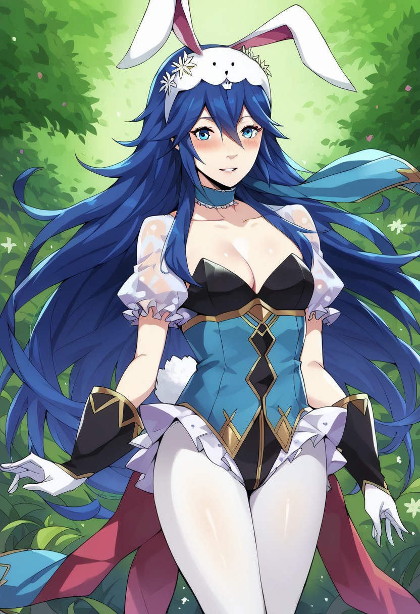 score_9, score_8_up, score_7_up,  <lora:dannex009:1>, uncensored, 1girl, LucinaBunny, blue hair, blue eyes, long hair, rabbit ears, playboy bunny, leotard, white pantyhose, gloves, rabbit tail, forest, solo, look at viewer
