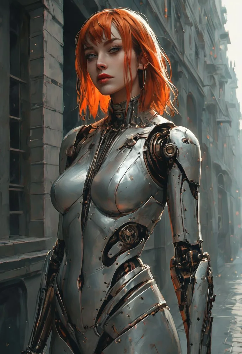 score_9, score_8_up, score_7_up, raw, fcNeg, Expressiveh, realistic, highly detailed, fantasy, (oil painted:1.2), g0thicPXL, w00dpr0sth3t1c
/BREAK/
1girl, 25 years old, (tan skin:1.2), (dusky green eyes:1.2), beautiful eyes, scars, natural skin texture, (perfect face:1.2), (cropped rust-red ginger hair:1.5), (bangs:1.4), (big body frame:1.4), strong woman, subsurface scattering, very detailed face, (metallic_prosthetic_arm:1.4), (mechanical arms:1.4), cable, wires, reelmech, mechanical parts, bulky steampunk body suit, metal_joints, (prosthetic_harness), (very fit body:0.8), (muscular:1.2), (medieval armor:1.2), (holding a sword:1.4), squatting
BREAK
outdoors, daylight, blue sky, beautiful lighting, beautiful vibrant colors, in the streets of a medieval city, medieval alleyway, full body
