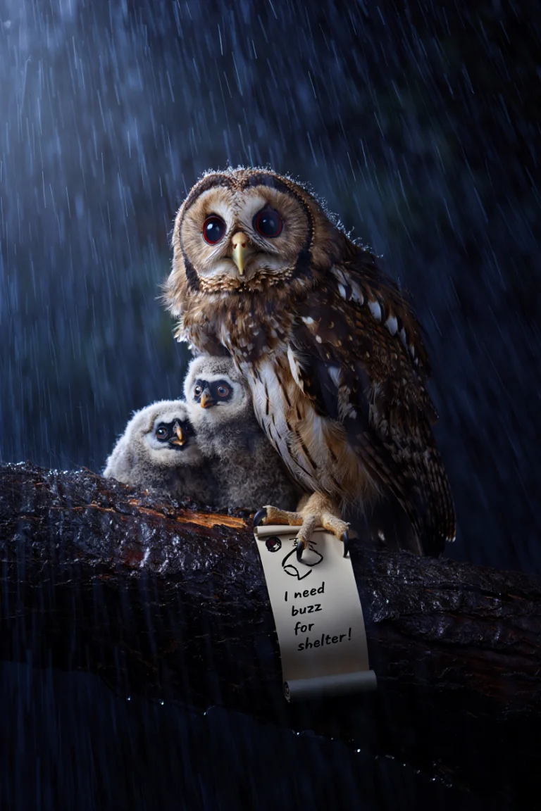 A hyper-realistic close-up photo of mother owl with her wet baby owls, in a wet nest, drenched by the falling rain perches on a rain-soaked tree nest in a rainy night. The owls have oversized eyes and soft, downy feathers visible in intricate detail. A scroll-like sign is tied to the mother owl's claw with text reading "I need buzz for shelter!" written in faint ink. Moonlight filters through the rain and mist, casting a pale illumination across the scene. The wet bark texture of the nest contrasts with the owls' feathers, while rain creates depth in the background. Macro photography with shallow depth of field and dramatic nighttime lighting emphasizes fine textures and details.