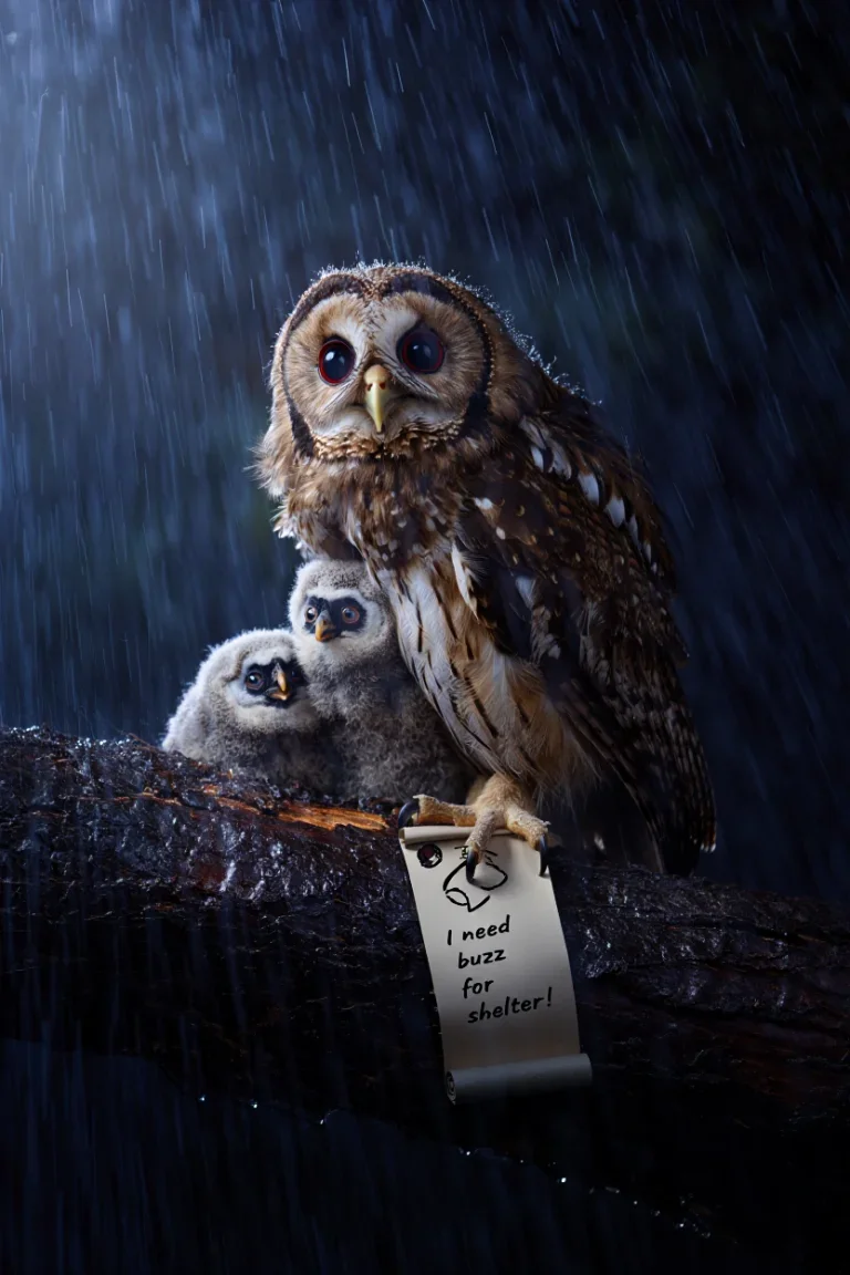 A hyper-realistic close-up photo of mother owl with her wet baby owls, in a wet nest, drenched by the falling rain perches on a rain-soaked tree nest in a rainy night. The owls have oversized eyes and soft, downy feathers visible in intricate detail. A scroll-like sign is tied to the mother owl's claw with text reading "I need buzz for shelter!" written in faint ink. Moonlight filters through the rain and mist, casting a pale illumination across the scene. The wet bark texture of the nest contrasts with the owls' feathers, while rain creates depth in the background. Macro photography with shallow depth of field and dramatic nighttime lighting emphasizes fine textures and details.