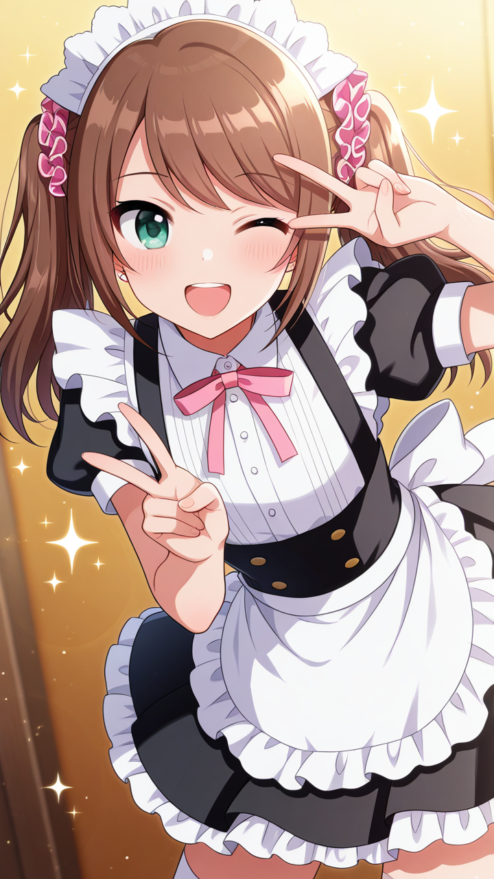 solo, wink, smile, open mouth, cute,, masterpiece, best quality, amazing quality, very aesthetic, absurdres, newest, anime screencap, <lora:sakimizushimaILM:1>, mizushima saki, otoko no ko, brown hair, green eyes, twintails, long hair, hair ornament, sidelocks, pink scrunchie, swept bangs, white apron, waist apron, maid, maid headdress, male maid, crossdressing, dress, pink ribbon, puffy short sleeves, shirt, skirt,, cute pose, v-pose, v, wink, cute, sparkle, sparkles,