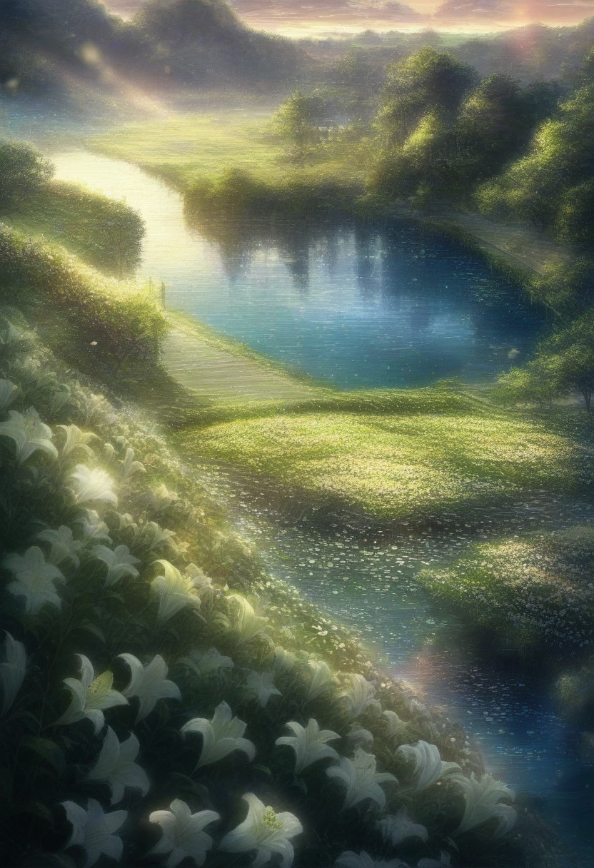 detailed background, from above,( Calm spring  landscape), amongst lush greenery, beautiful view, Flower Field, lily flower in full bloom, lily flower, early morning, sunrise sky, beautiful clouds, dappled beautiful, Tranquil Lake, Walkway, petals dancing in the wind, depth of field, masterpiece, best quality, ultra-detailed, very aesthetic, illustration, perfect composition, intricate details, absurdres, moody lighting, wisps of light, no humans,