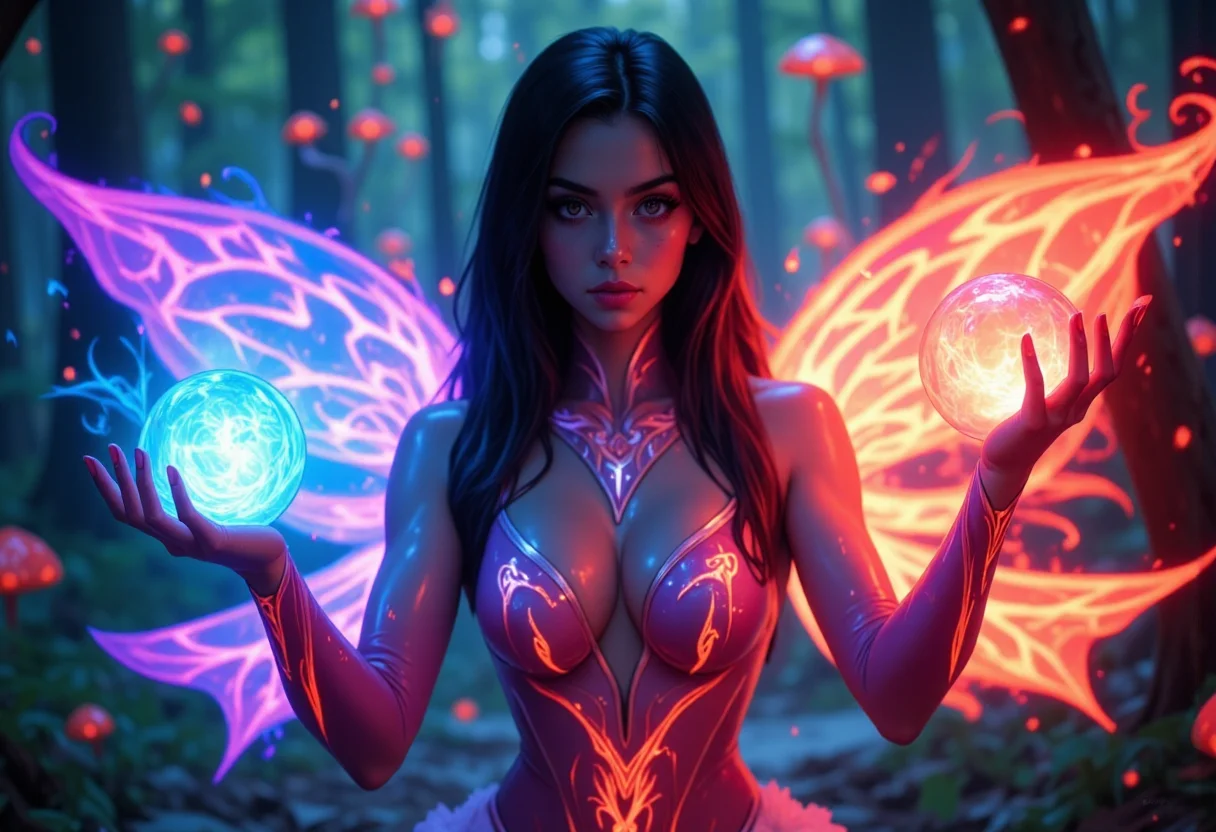 cinematic shot of a beautiful magical fairy, beautiful face details and long hair, casting colorful magical glowing spells with both hands, colorful magical fairy wings on her back, magical forest in background with glowing mushrooms. hkbeauty <lora:TestStyle-000001:0.85> <lora:Hand v2:0.7>