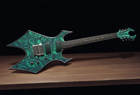 masterpiece, best quality, Graphic Design, color art, vibrant colors, colorful, intricate details, high contrast, detailed background, beautiful detailed, new, newest, w4rl0ck, instrument, electric guitar, no humans, still life, acid green guitar with print, on side, on wooden table, realistic, realism, black background,