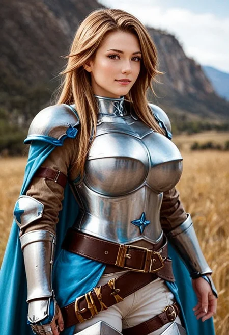 masterpiece, best quality, highres, Fantasy Photoshoot, detailed, ultra-realistic, photorealistic, katalina (granblue fantasy), long hair, brown eyes, HDeyes, detailed eyes, perfect face, smile, teeth, thick eyeliner, beautiful face, beautiful eyes, armor, gauntlets, belt, breastplate, huge breasts, shoulder armor, cape, pauldrons, pants, , cowboy shot, outdoors,
embedding:SDXL_POS