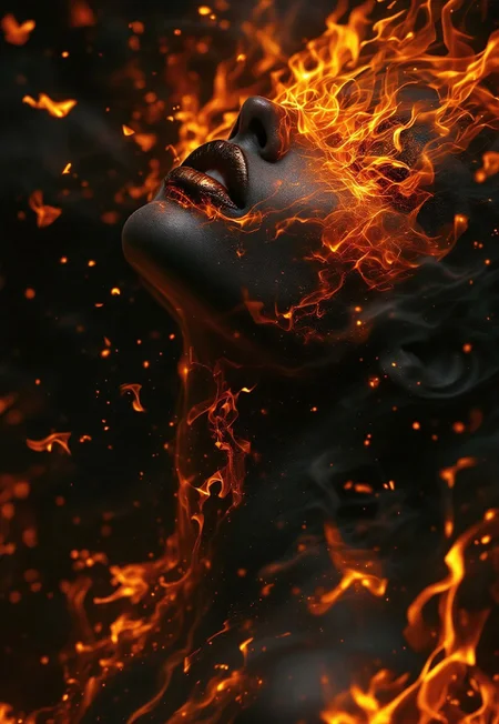 cinematic composition of a female human lower face and upper chest, emerging from intense, swirling flames. Metallic bronze lips and a portion of jawline visible against darkcoal skin. Dynamic fire textures in amber, golden-orange, and deep red, intricately blending with human contours. Dramatic chiaroscuro lighting revealing fragmented body anatomy, symbolizing inner transformation and hidden power. 
Photo realism oil painting with intricate flame details, creating a sense of emergence and metamorphosis. Victorian gothic atmosphere, digital art, digital painting, matte painting