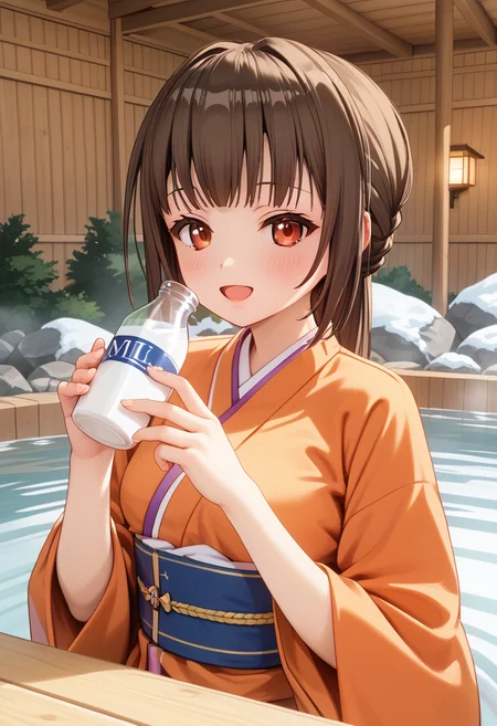 score_9, score_8_up, score_7_up, BREAK source_anime, (masterpiece), (best quality), 1girl, chihara_yukine, orange colored kimono, onsen, red colored eyes, brown colored hair, holding glass milk bottle, looking at viewer, blush, opened mouth, (ultra detailed), happy mood, nighttime, upper body only, <lora:chihara-local:0.9>