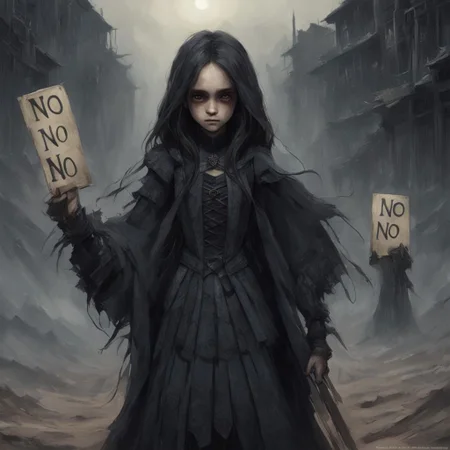 (((Ultra detailed, Megapixel)))
1girl, (((holding out a sign with text "NO"))), by charlie bowater and dan mumford and trevor Brown, hands, terror, gloomy, dark, blank face, no face, wasteland background, no mouth, no eyes, long hair