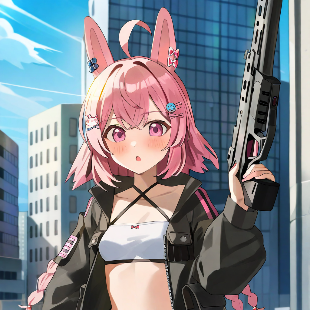 by hoodxart, 2D anime, pipkin pippa, 1girl, solo, animal  ears, pink eyes, pink hair, blush, bangs, ahoge, hairclips, hair ornament, braid, (small breasts, flat chest:1.5), tactical jacket, criss-cross halter, holding a gun, 
standing, upper body, in a metropolis, sunny day, 
 <lora:pipkin_pippa_XL:1>