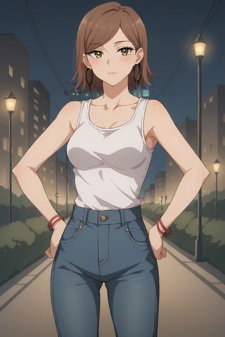 score_9, score_8_up, score_7_up, source_anime, 1girl, prefect lighting, very aesthetic, intricate details, highly detailed background, masterpiece, high quality, prefect hands, best quality, solo,
<lora:Daia_Dress_up_Darling_V1:.85>, KJODaia, brown hair, light brown eyes, short hair, swept bangs, hoop earrings,
high waist Jeans, tank top, ankle boots, navel,
looking at viewer, hand on own hip,
expressionless, blush,
City, night, skyscraper, night life, street lights, outdoors,
(Beautiful, medium Breasts:1.2), natural breasts,