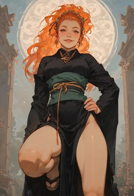 score_9, score_8_up, score_7_up, 1girl, on one knee, hand on ground, orange hair, long ponytail, standing, tiny perky breast, traditional Japanese clothes, legs spread, disguise smile, focus from below , push hip forward, (((lean back))), looking at viewer, fit body, tiny waist, wide eyes, wide hips, ancient Japanese city background, dark lingerie under clothes,