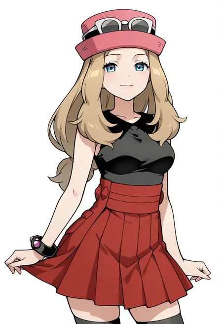 masterpiece, best quality, medium breasts, BREAK, zzSerena, solo, long hair, blue eyes, eyewear on headwear, pink headwear, eyelashes, sleeveless shirt, black shirt, bracelet, high-waist skirt, red skirt, black thighhighs,<lora:SerenaPokemonIXL_v2:1.0>, smile, looking at viewer, cowboy shot, <lora:ShoujoRamuneIXL:1.0>,