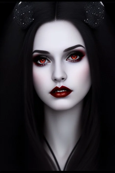 Photo of vampire girl, 25 years old, (beautiful:1.75), (very pale skin:1.35), (gothic makeup:0.99), (Red Lipstick:1), (black hair), (anime:0.35), (oval face:0.25), (night), 10 minutes before the world will end, hyper-realistic, ultra-detailed, insanely detailed, 4k, realistic 8k, shot on portra 400
