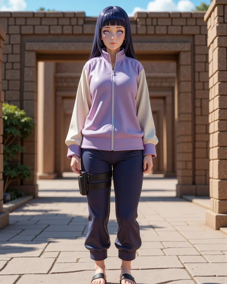-looking at viewer, outdoors daylight, a 20 year old adult mature woman.
3d CGI Style, front view photo of.
<lora:Naruto_-_Hinata_v2-000030:1> n-hinata, purple eyes, blunt bangs, black hair lavender and cream zip-up jacket, navy blue pants, black open-toed shinobi sandals, Konoha forehead protector
Upper Body view passport style