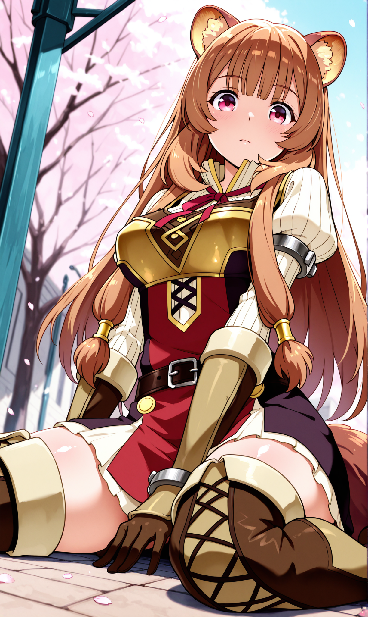 1girl, solo, masterpiece, best quality, amazing quality, street, cherry blossoms, shiny skin,  <lora:raphtalia_illust_scarxzys:1>, looking at viewer, raphtalia, long hair, bangs, brown hair, animal ears, raccoon ears, raccoon tail, raccoon girl, pink eyes, long sleeves, sweater, ribbed sweater, puffy sleeves, breastplate, ribbon, red ribbon, gauntlets, glove, brown gloves, belt, skirt, armor, thigh boots, close-up,  from below, wariza, floor