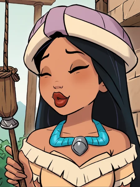 score_9, score_8_up, score_7_up, pocahontas, dark skin, aged down,    <lora:princesscomic_pony_v1:0.95>