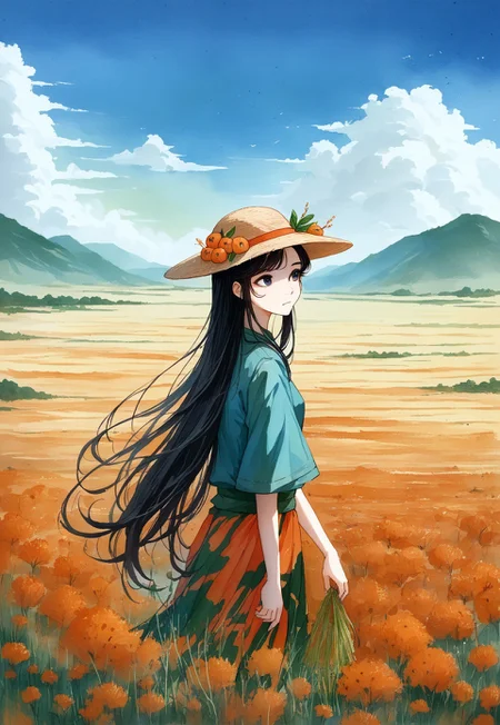 score_9, score_8_up, score_7_up,source_anime, masterpiece, best quality, very aesthetic, absurdres, landscape, watercolor, ink, intricate, 1girl, black eyes, traditional chinese farmer, long hair, black hair, hat, crop field, harvest,