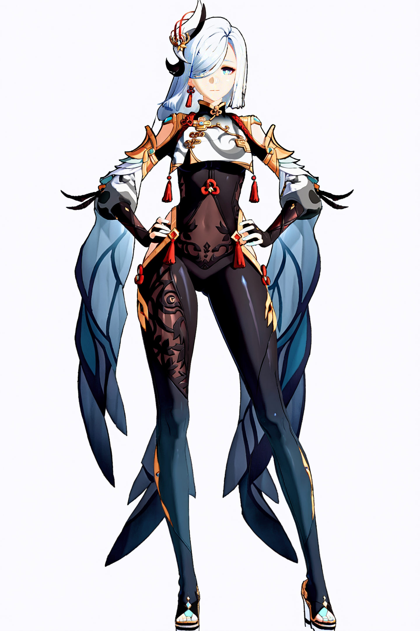 8k, best quality, masterpiece, (ultra-detailed:1.1), (high detailed skin), 
(full body), white background, standing, looking at viewer, (solo), hand on hip, 
<lora:ganshenxian-A3-Tanger-000010:0.8>, shenhe \(genshin impact\), Shenhe's def clothes, 1girl, long hair, hair over one eye, full body, looking at viewer, hair ornament, bodysuit, standing, blue eyes, hip vent, 
(white background, simple background), 
(beautiful_face), ((intricate_detail)), clear face, 
((finely_detailed)), fine_fabric_emphasis, 
((glossy)), full_shot,