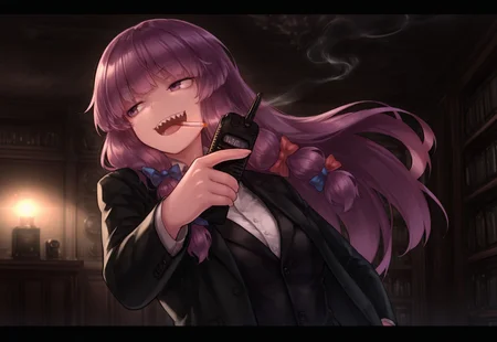 best quality, masterpiece,
1girl, solo, patchouli knowledge,
alternate costume, formal clothes, black jacket,
sharp teeth, open mouth,
smoking, cigarette, looking to the side, pointing,
dynamic pose, action scene,
holding walkie-talkie, walkie-talkie,
smirk,
blurry background, talking,
letterboxed,