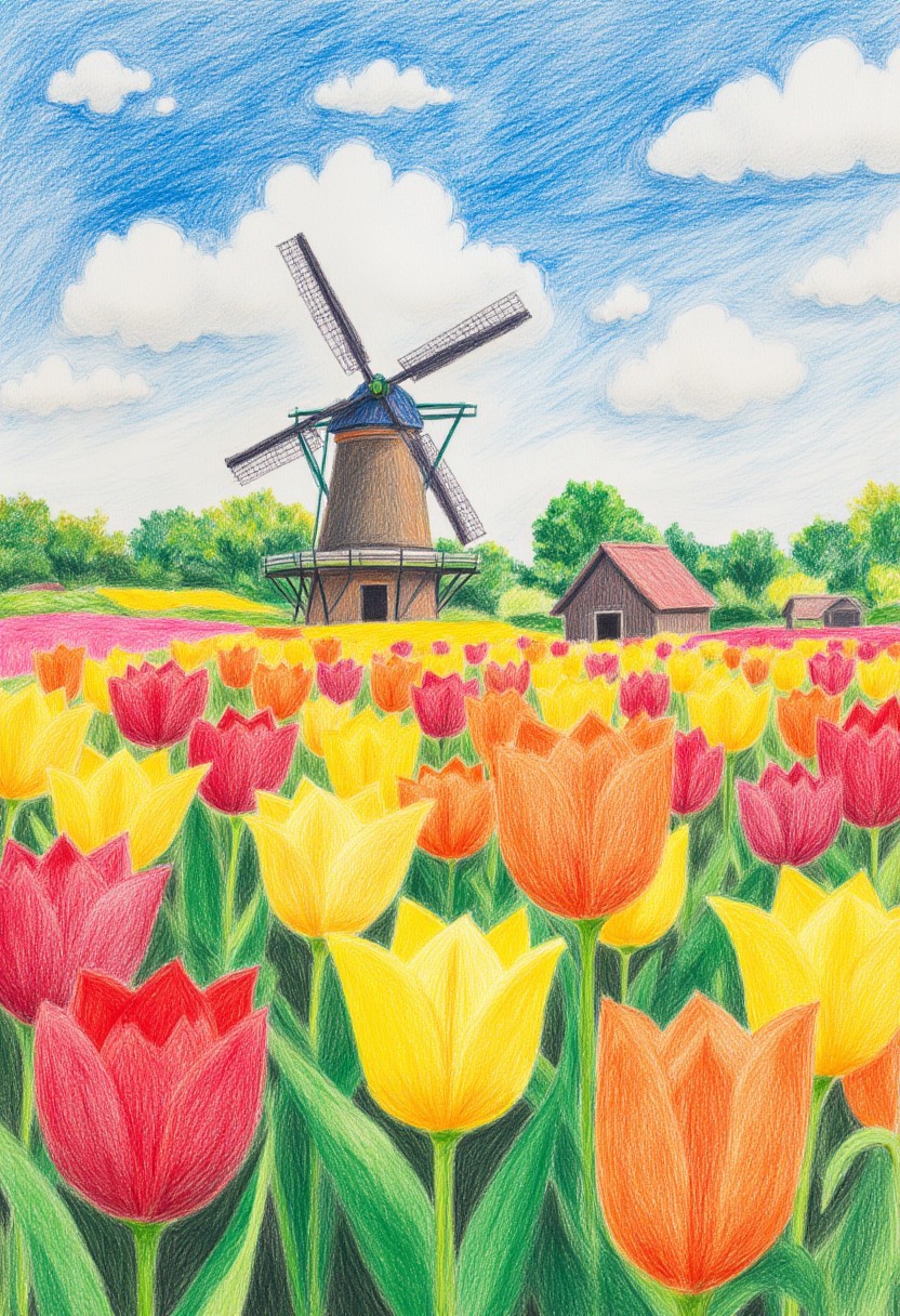 a field of tulips and a windmill in the distance, colorful crayon