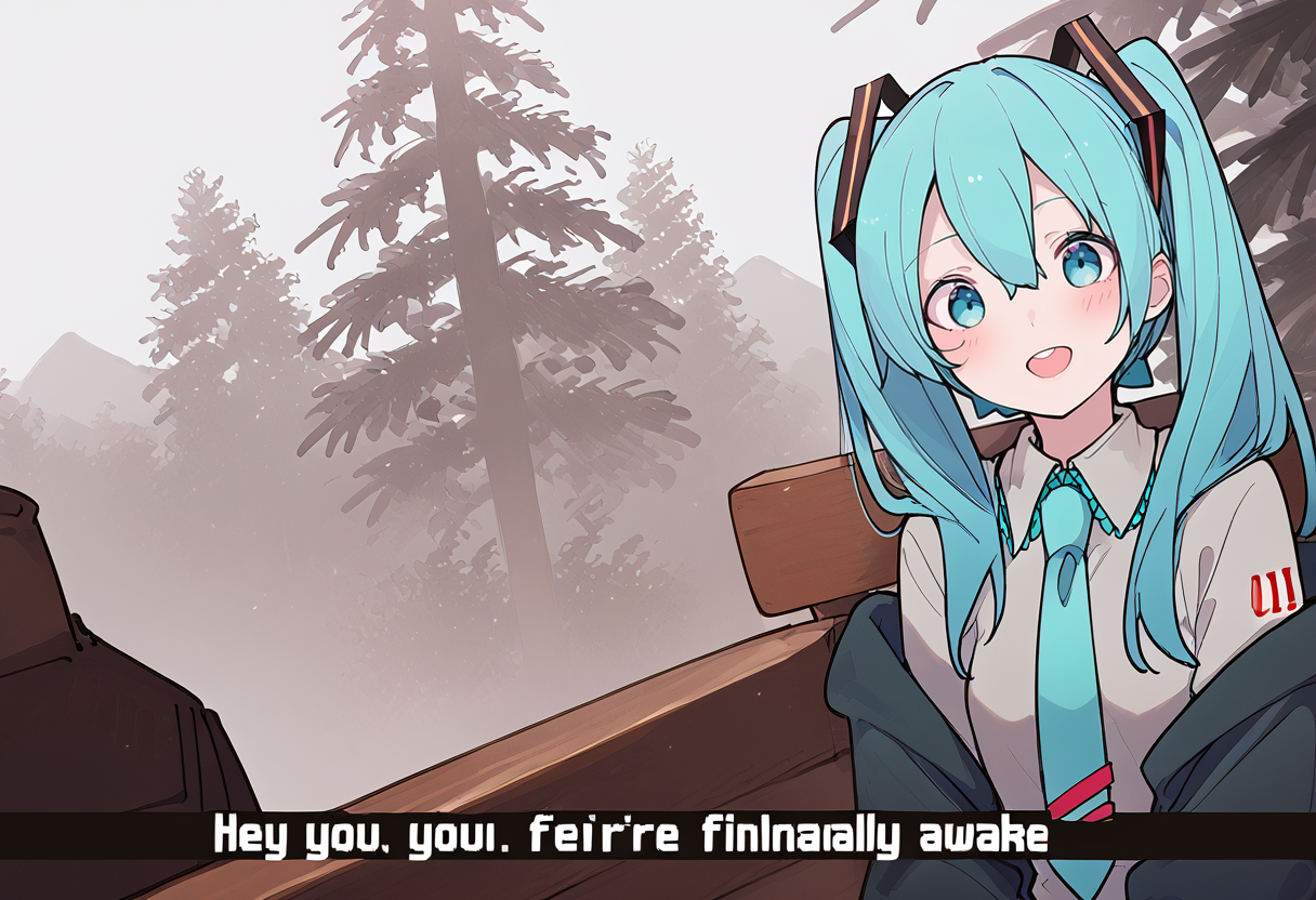 (score_9:0.9),score_8_up,score_7_up,anime style,rating_safe,grey_skin,snow,low light,
BREAK  hey you - you're finally awake, 1girl, necktie, hatsune miku, twintails, shirt, grey shirt, solo, long hair, looking at viewer, smile, jacket, aqua necktie, aqua eyes, aqua hair, blush, tree, collared shirt, tattoo, hair ornament, off shoulder,<lora:hey you, you're finally awake ponyXL v3.5:0.8>,