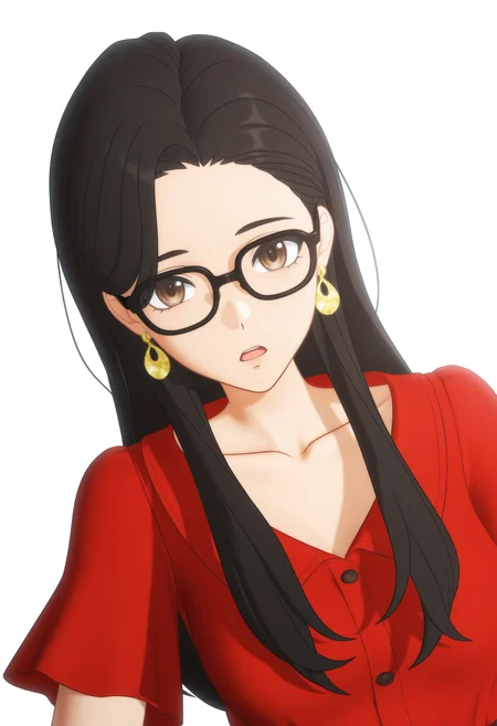 <lora:GBC_RW_illustrious-000012:1>,
GBC_RW,1girl,solo,earrings,jewelry,long hair,black hair,red dress,black-framed eyewear,open mouth,short sleeves,collarbone,brown eyes,looking_at_viewer,front view,(white background:1.2),slender,slender_waist,simple_background,3d,close-up