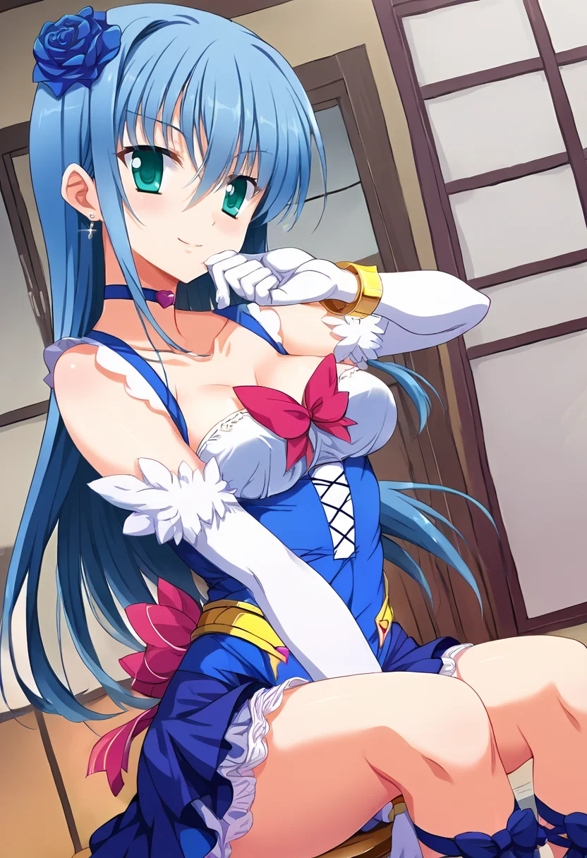 score_9, score_8_up, score_7_up, source_anime, masterpiece, 1girl, ct_ruri, blue hair, medium breasts, earrings, long hair, hair flower, choker, blue short dress, pink bowtie, cross-laced dress, elbow gloves, bracelet, cross-laced footwear, looking at viewer, indoors, japanese home, cowboy shot, hand on chin, smile, sitting, knee up, <lora:ReiRurisawa_FairyKanon_Pony_ct_ver2-000007:1>